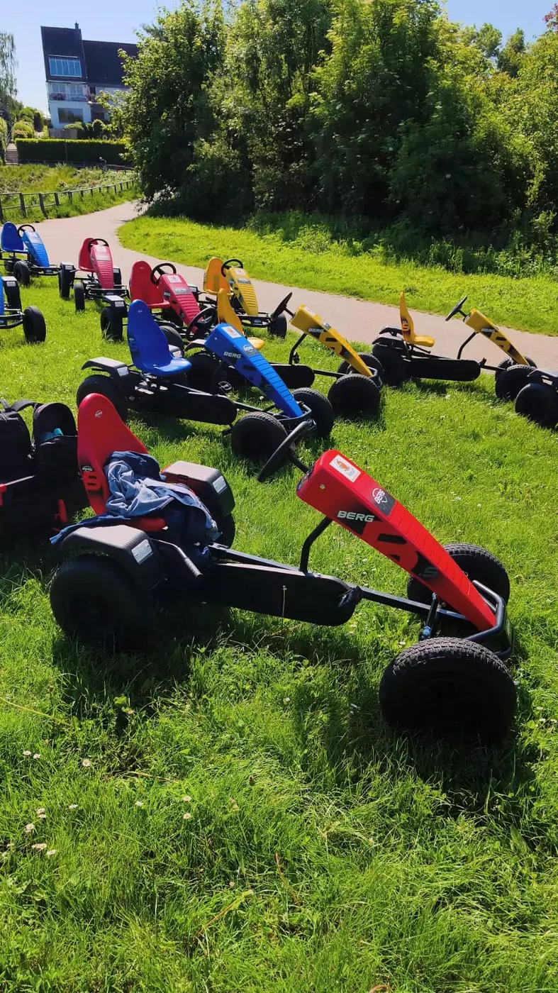 Bunte Kettcars aufgereiht auf einer grünen Wiese, bereit für die Rally