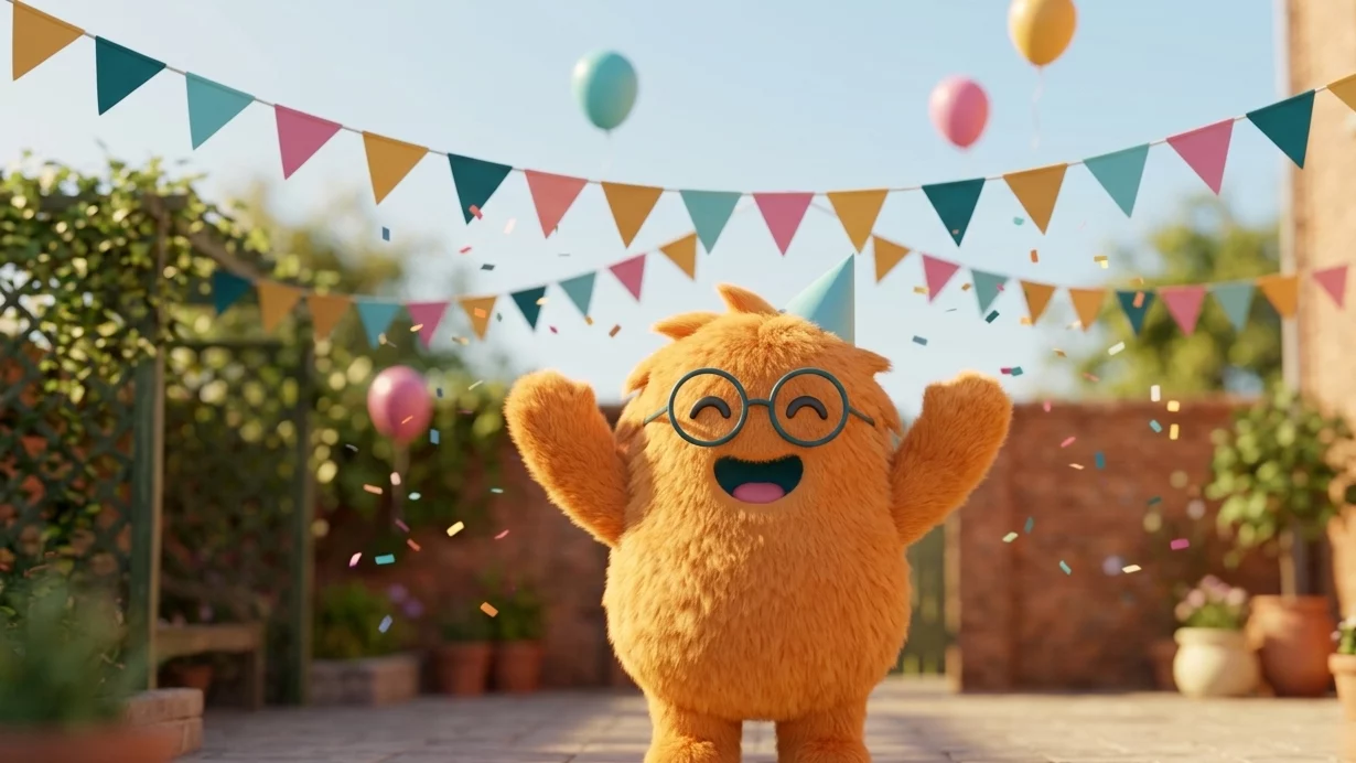 Das WuselWerk-Maskottchen feiert mit erhobenen Armen im sonnigen Innenhof, darüber Wimpelketten und Luftballons