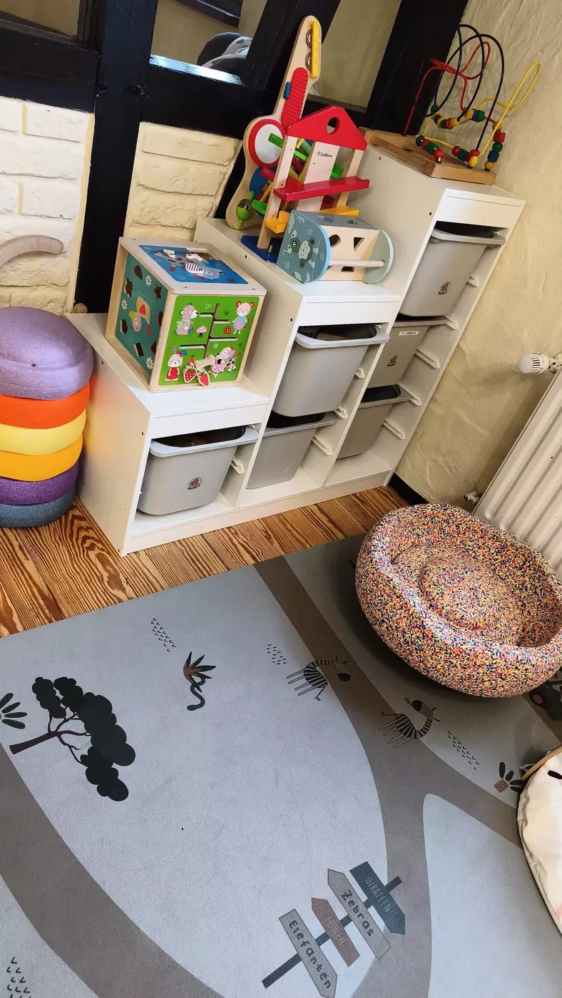 Spielecke mit Holzspielzeug, Regal und Tier-Teppich