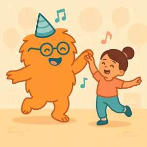 Wusel tanzt fröhlich Hand in Hand mit einem kleinen Mädchen in einem hellen Raum; bunte Noten und Luftballons im Hintergrund.