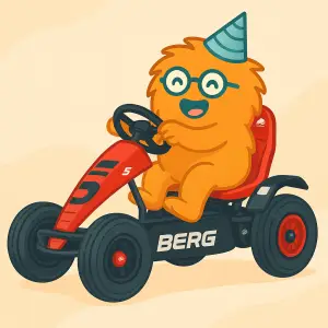 Illustration: Wusel fährt ein rotes BERG Kettcar im WuselWerk Köln