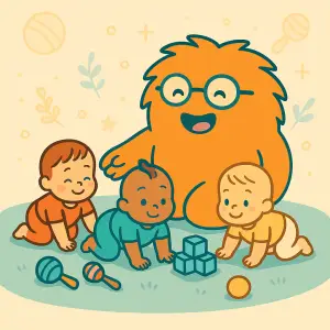 Der orange Wusel sitzt mit drei Babys auf einer Spielmatte, während sie mit Bauklötzen und Rasseln spielen
