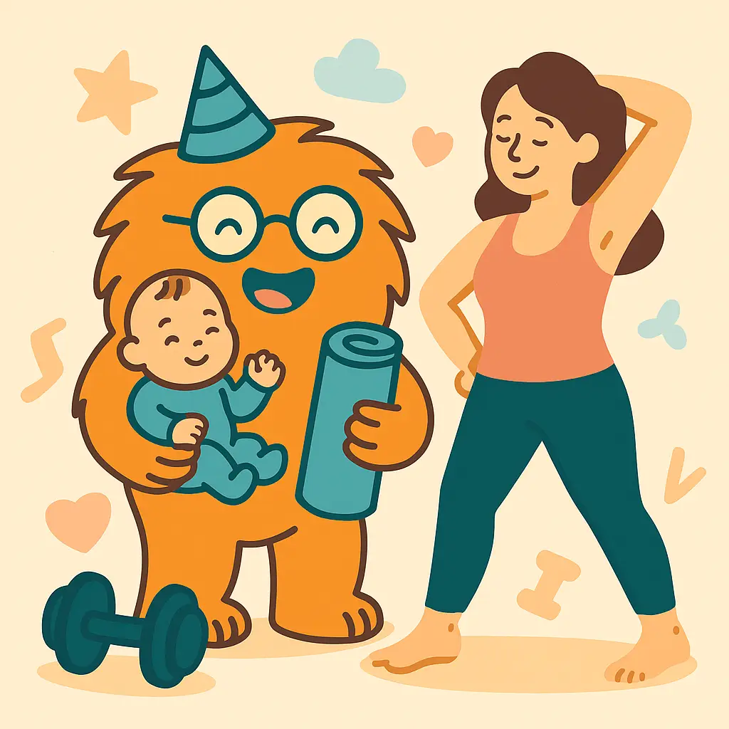 Wusel mit Fitnessmatte und Baby, daneben eine Mama beim Dehnen, in Pastellfarben.