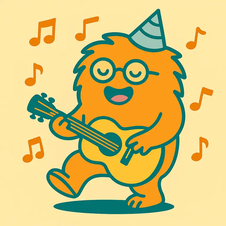 Illustration: Wusel tanzt und spielt Musik mit einer Gruppe von Kindern (1,5–3 Jahre) im WuselWerk Köln.