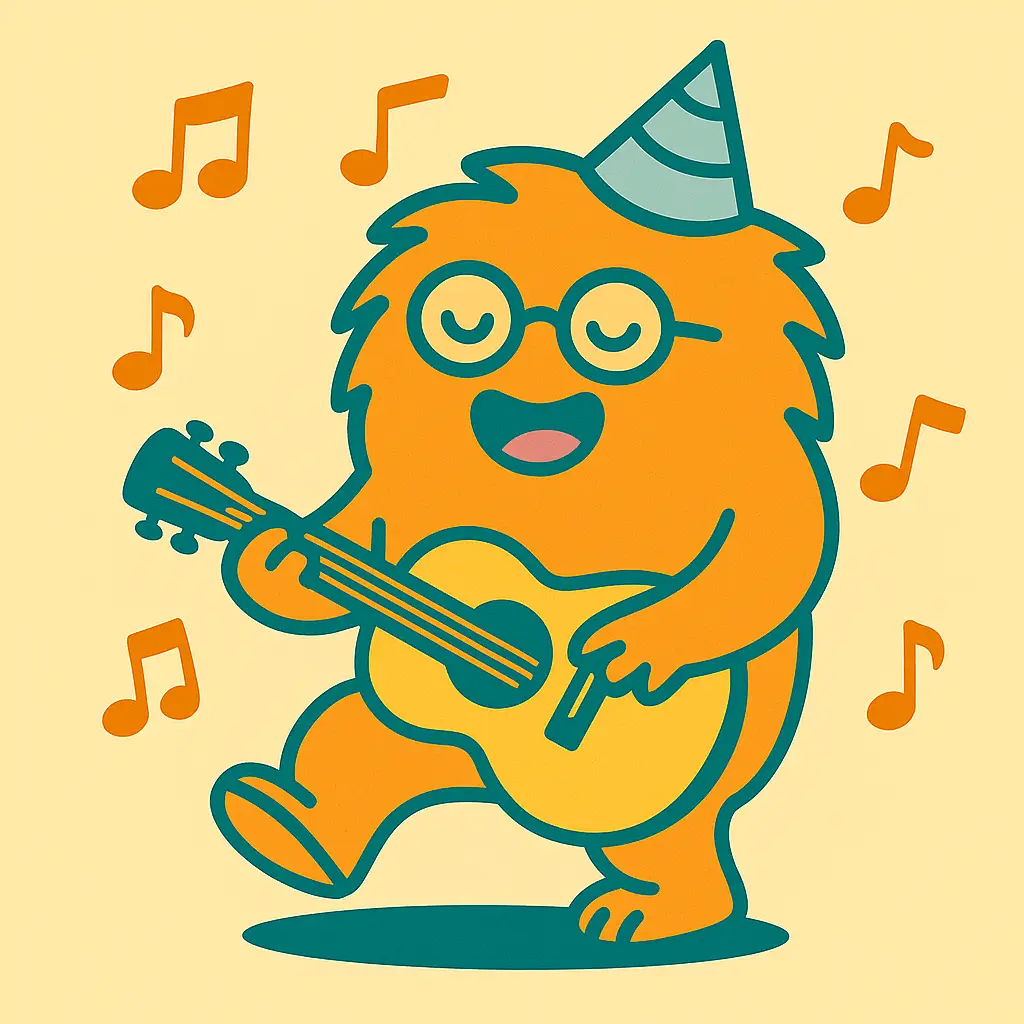 Illustration: Wusel tanzt und spielt Musik mit einer Gruppe von Kindern (1,5–3 Jahre) im WuselWerk Köln.