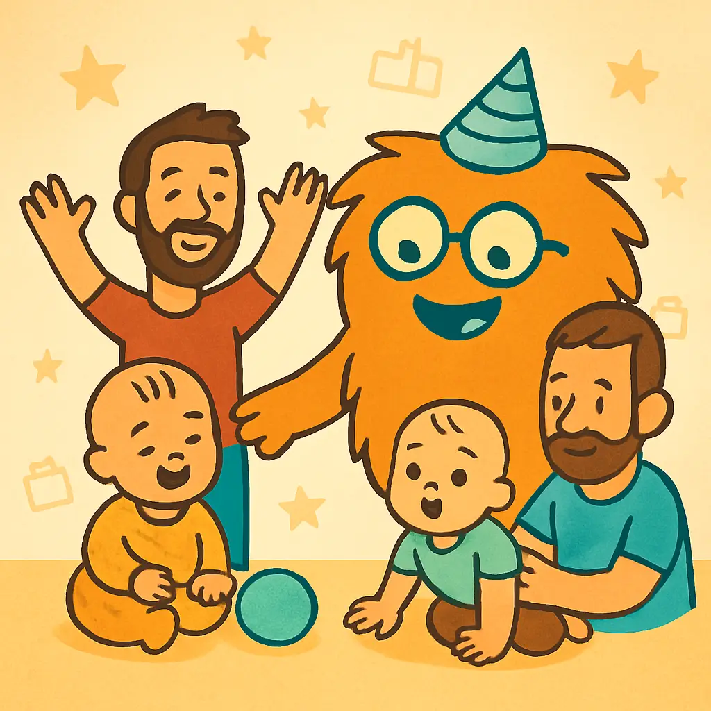 Illustration im WuselWerk-Stil: Der orange Wusel begleitet Väter mit Babys beim Spielen – Symbolbild für den Krabbeltreff für Väter im Oktober.