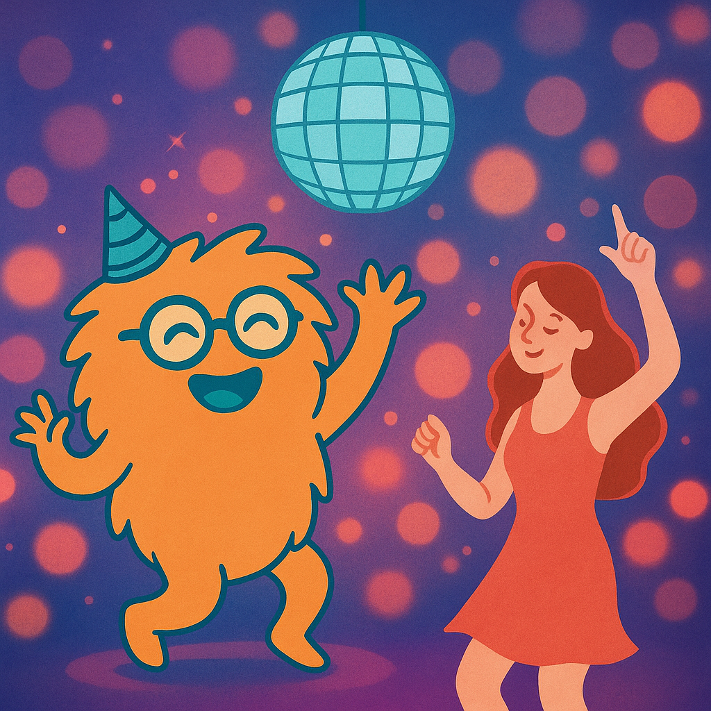 Illustration im WuselWerk-Stil: Wusel tanzt mit einer Frau unter einer Discokugel, im Hintergrund bunte Lichter – Symbol für die Ladies Night After-Work-Party im WuselWerk Köln.