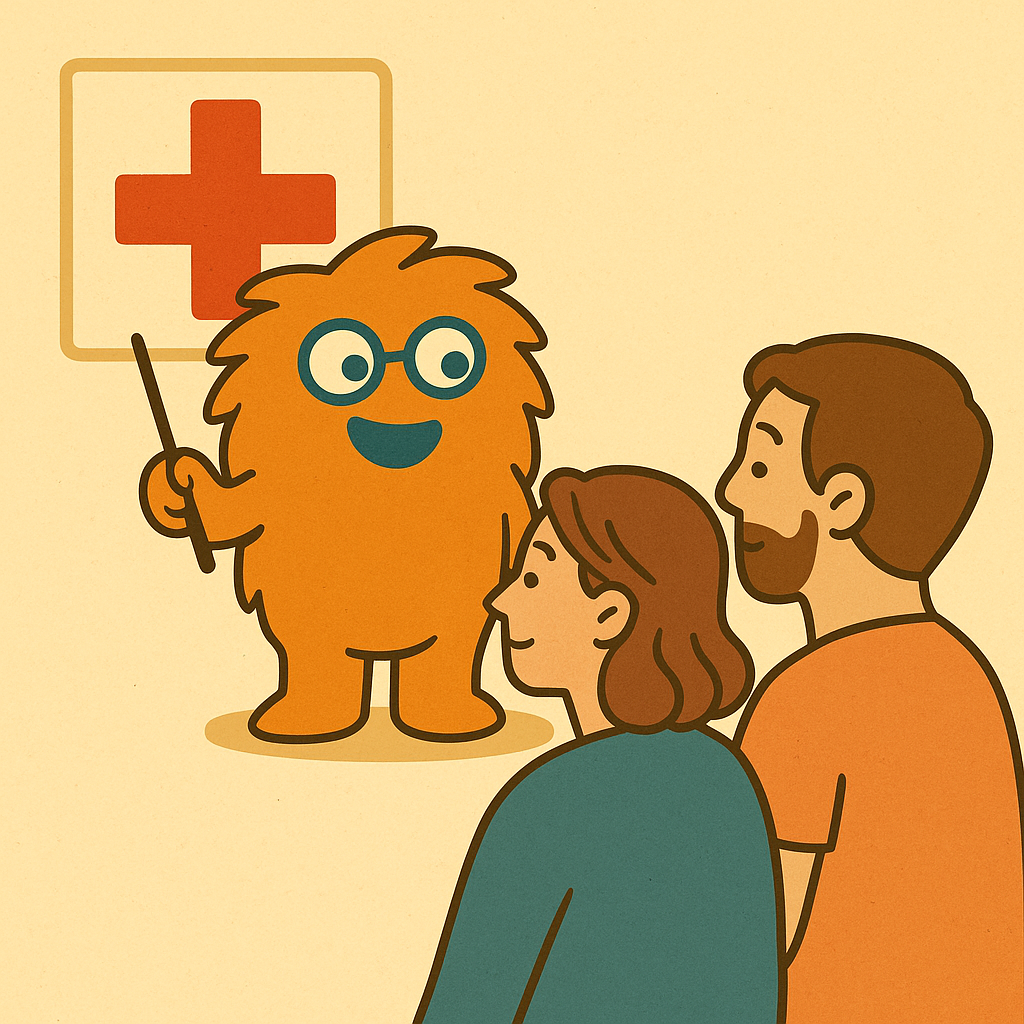 Illustration im WuselWerk-Stil: Wusel zeigt auf ein rotes Kreuz-Symbol, während Erwachsene aufmerksam zuhören – Symbol für den Erste-Hilfe-Kurs im WuselWerk Köln.