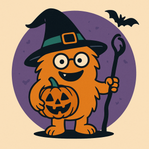 Illustration im WuselWerk-Stil: Wusel trägt einen Hexenhut und hält einen Kürbis, umgeben von Fledermäusen und Spinnennetzen – Symbol für das Halloween-Event „WuselWerk goes GruselWerk“.