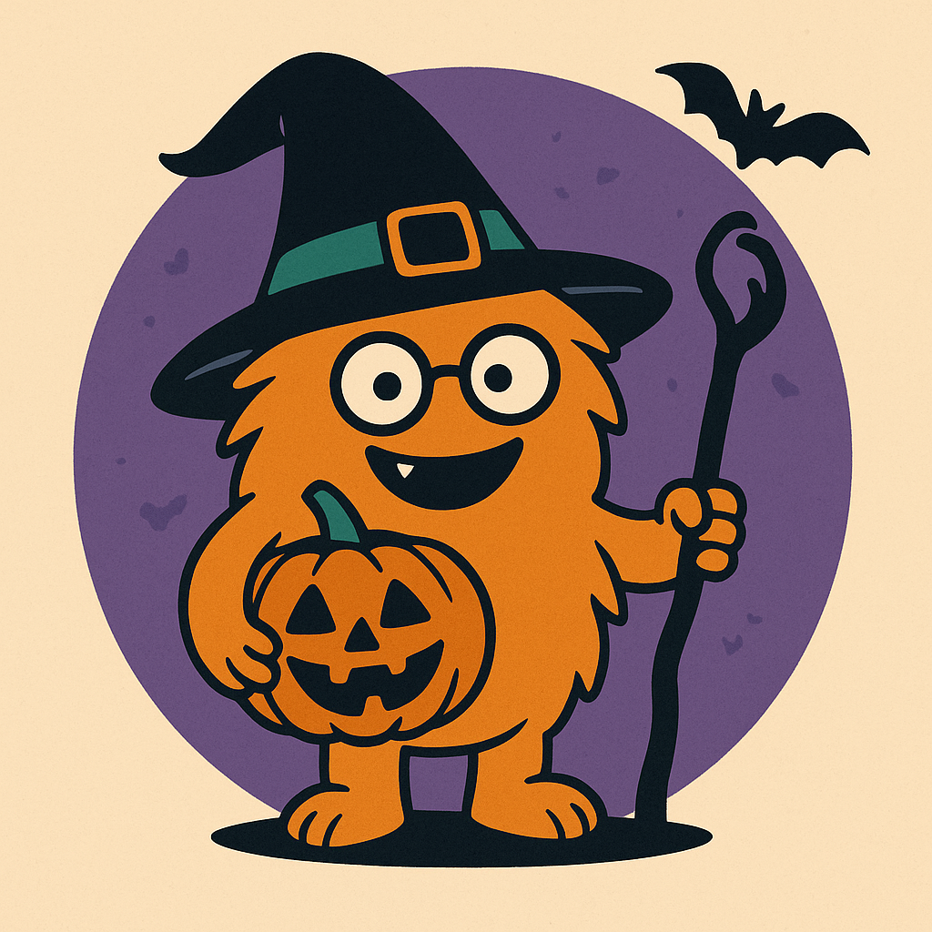 Illustration im WuselWerk-Stil: Wusel trägt einen Hexenhut und hält einen Kürbis, umgeben von Fledermäusen und Spinnennetzen – Symbol für das Halloween-Event „WuselWerk goes GruselWerk“.