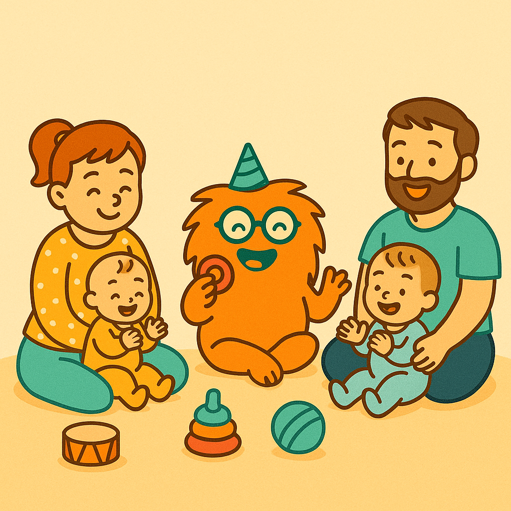 Illustration im WuselWerk-Stil: Eltern sitzen mit Babys auf dem Boden, der Wusel zeigt ein Spielzeug – Symbol für die Krabbelgruppen im WuselWerk Köln.