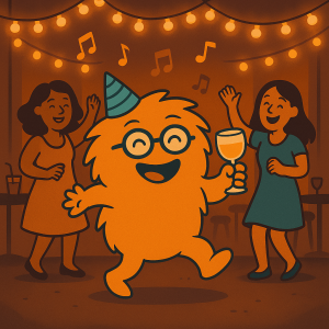 Illustration im WuselWerk-Stil: Der orange Wusel tanzt fröhlich mit mehreren Frauen unter warmen Lichterketten, mit Drink in der Hand und musikalischen Noten im Hintergrund – Symbol für die Afterworkparty „Ladies & Lights“ im WuselWerk.