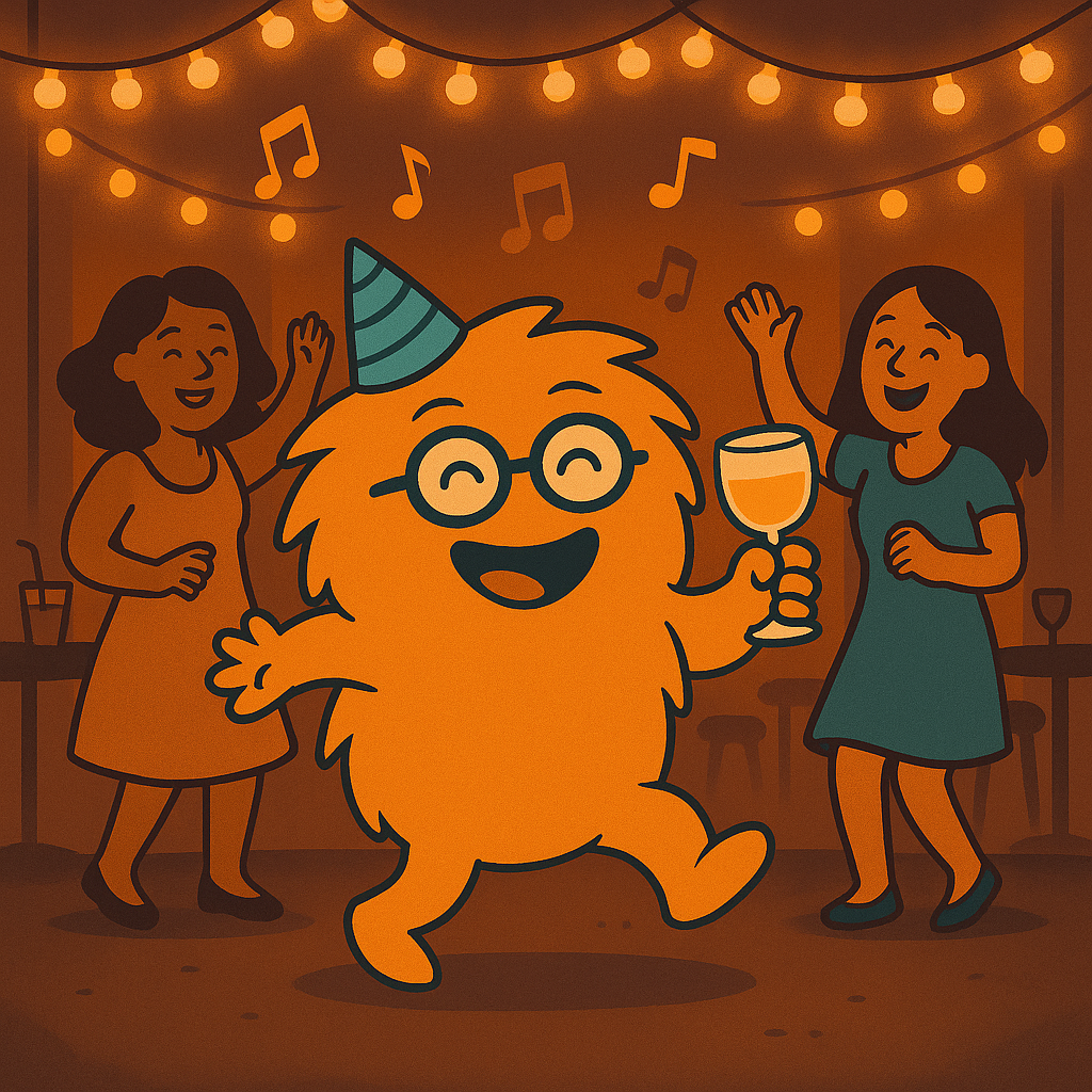 Illustration im WuselWerk-Stil: Der orange Wusel tanzt fröhlich mit mehreren Frauen unter warmen Lichterketten, mit Drink in der Hand und musikalischen Noten im Hintergrund – Symbol für die Afterworkparty „Ladies & Lights“ im WuselWerk.