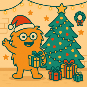 Illustration im WuselWerk-Stil: Der orange Wusel trägt eine Nikolausmütze und steht fröhlich neben einem geschmückten Weihnachtsbaum voller Lichter und Geschenke – Symbol für den Nikolausbesuch und das Familien-Fotoshooting im WuselWerk.