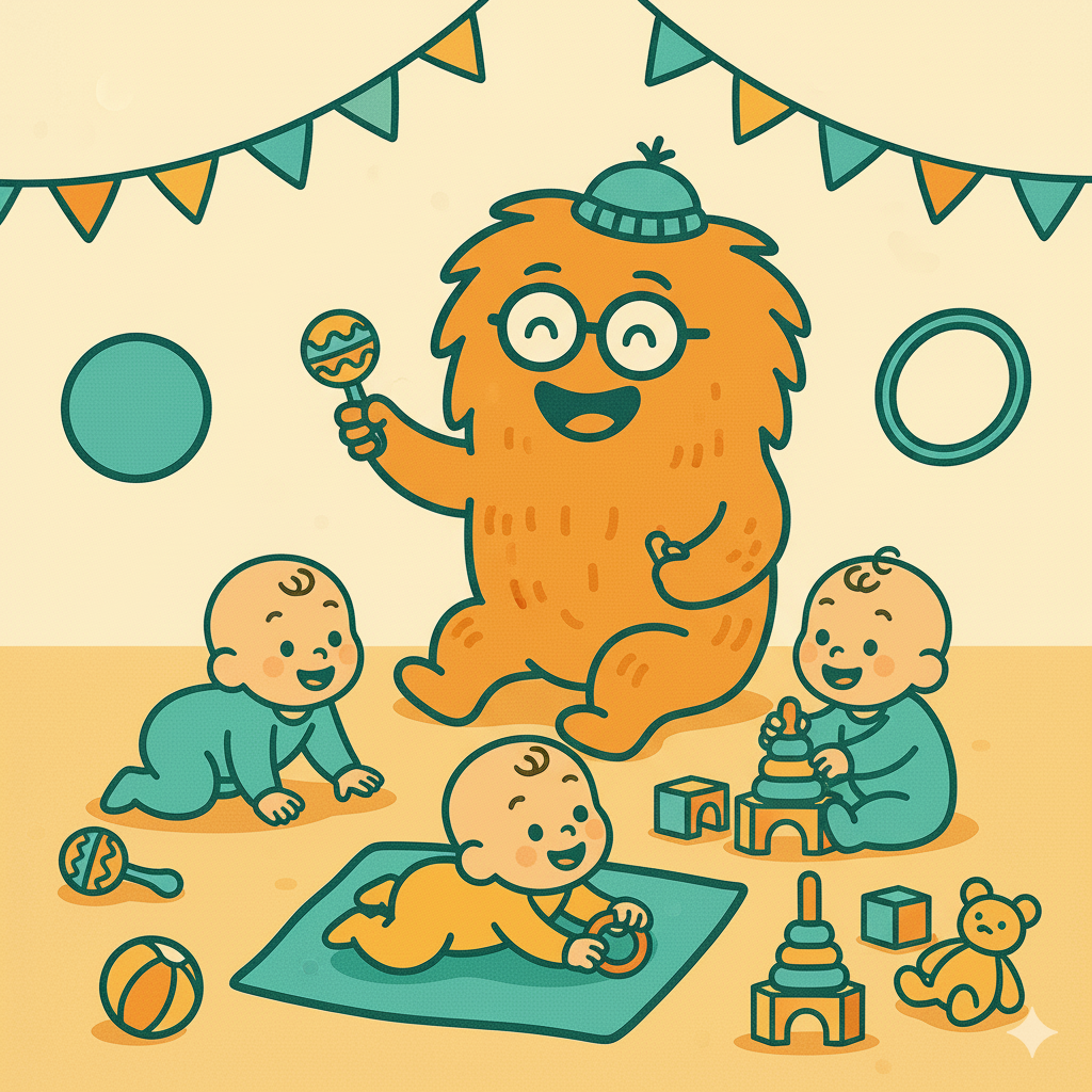 Wusel spielt mit Babys in einer Krabbelgruppe, umgeben von Spielzeug wie Rasseln, Bauklötzen und Bällen. Eine babygerechte Umgebung mit Wimpelkette im Hintergrund.