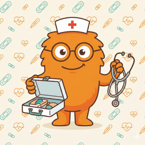 Das WuselWerk Maskottchen Wusel trägt eine Sanitätermütze mit rotem Kreuz, hält einen offenen Erste-Hilfe-Kasten und ein Stethoskop. Passendes Beitragsbild für den Erste-Hilfe-Kurs am Kind.