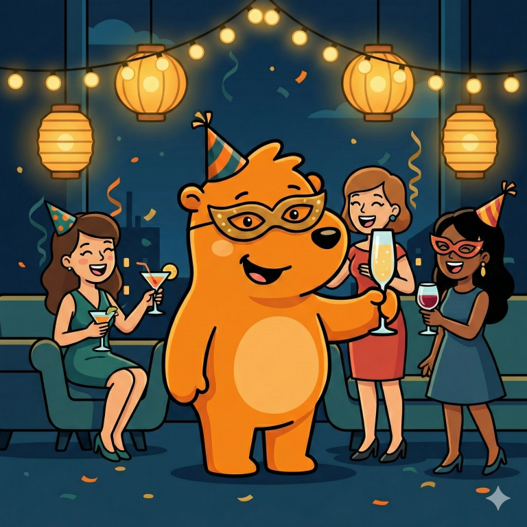 Das WuselWerk Maskottchen Wusel feiert mit Gästen bei der Ladies & Lights Afterwork Party Weiberfastnacht Edition mit Drinks und Konfetti.