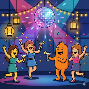 WuselWerk Maskottchen Wusel genießt einen Drink bei der Ladies & Lights Afterwork Party im März.