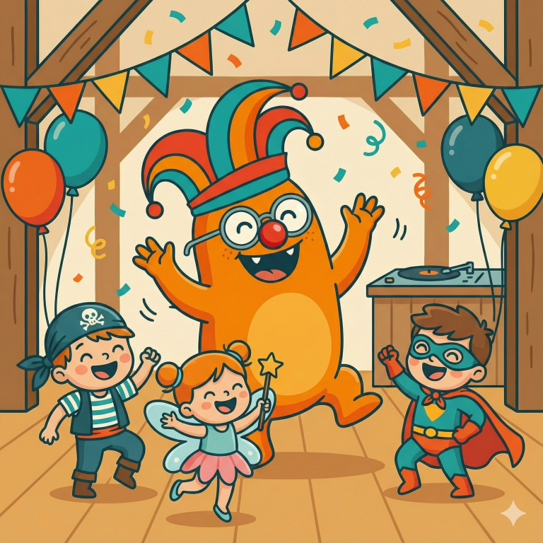 Das WuselWerk Maskottchen Wusel mit Narrenkappe und roter Nase wirft Konfetti auf der Karnevalsparty.