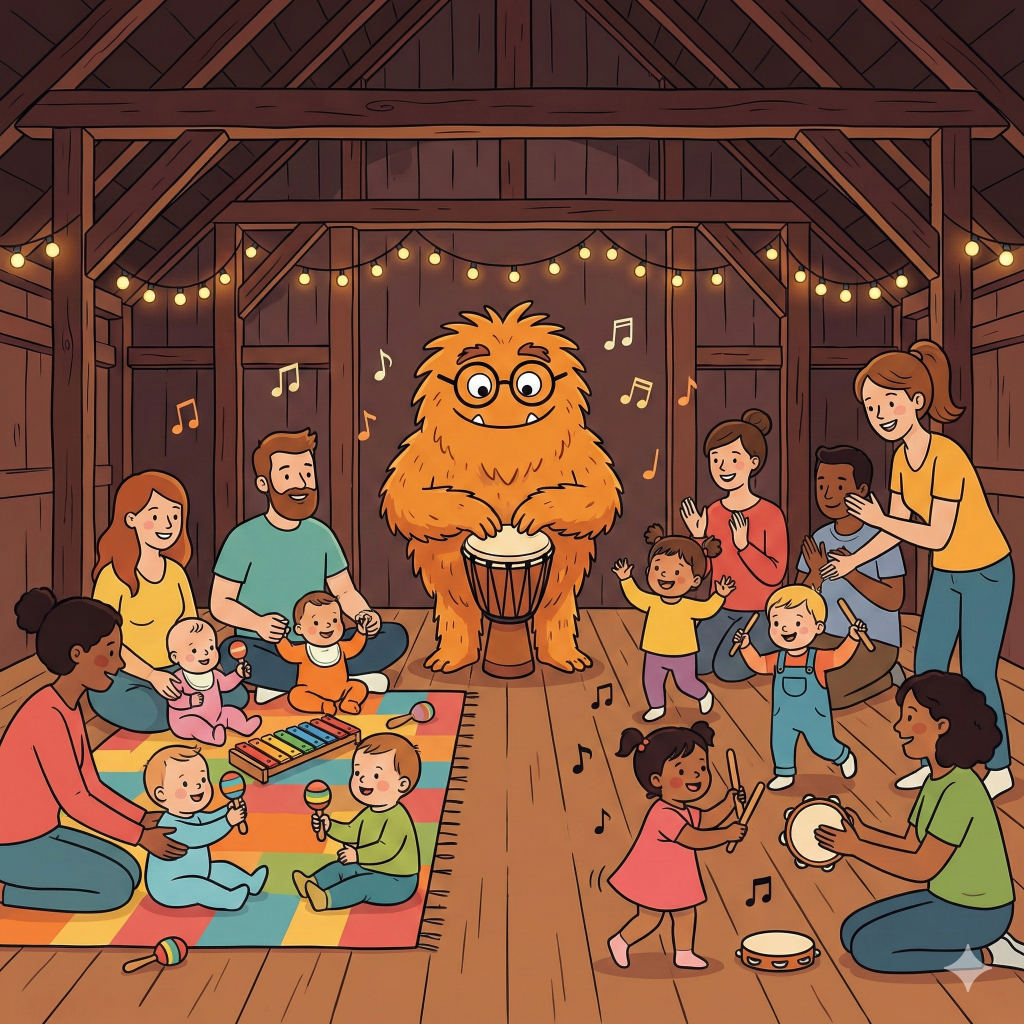 Das WuselWerk Maskottchen Wusel spielt Trommel, während Babys auf einer Krabbeldecke sitzen und Kleinkinder mit ihren Eltern fröhlich in der rustikalen Eventscheune musizieren und tanzen.