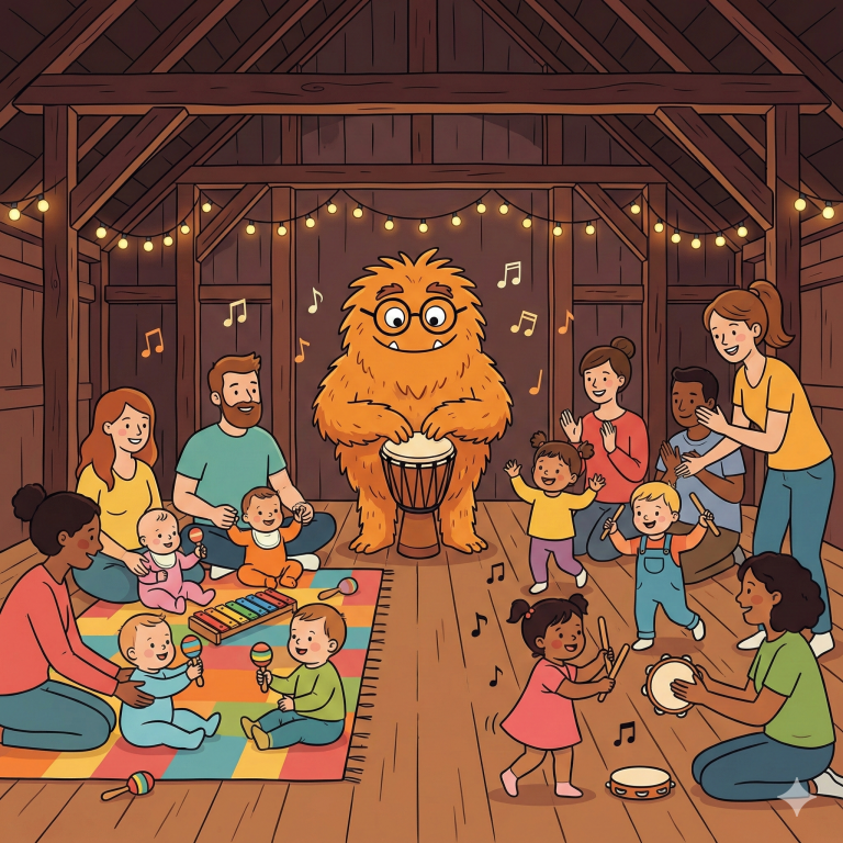 Das WuselWerk Maskottchen Wusel spielt Trommel, während Babys auf einer Krabbeldecke sitzen und Kleinkinder mit ihren Eltern fröhlich in der rustikalen Eventscheune musizieren und tanzen.