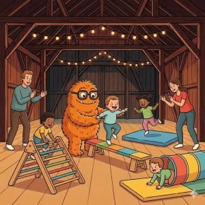 as WuselWerk Maskottchen Wusel unterstützt fröhliche Kleinkinder beim Balancieren, Klettern und Toben im Bewegungskurs in der rustikalen Eventscheune.