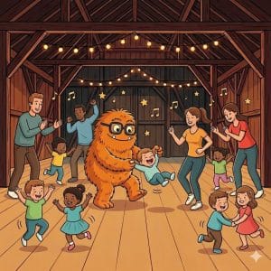 Das WuselWerk Maskottchen Wusel tanzt und feiert ausgelassen mit fröhlichen Kindern und Eltern bei einer Tanzparty in der stimmungsvoll beleuchteten Eventscheune.